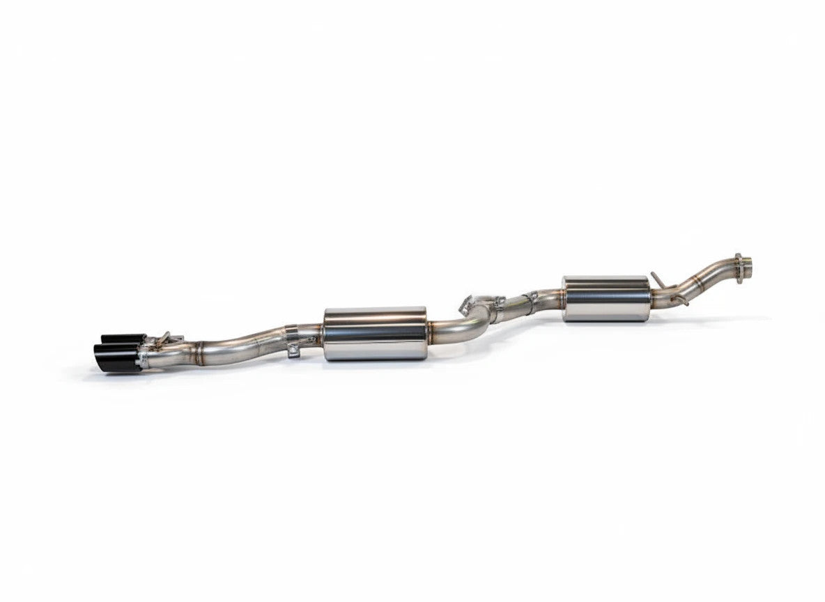 HS Tuning AWE Touring Edition exhaust system for Audi B8 A4 with quad diamond black tips on a white background