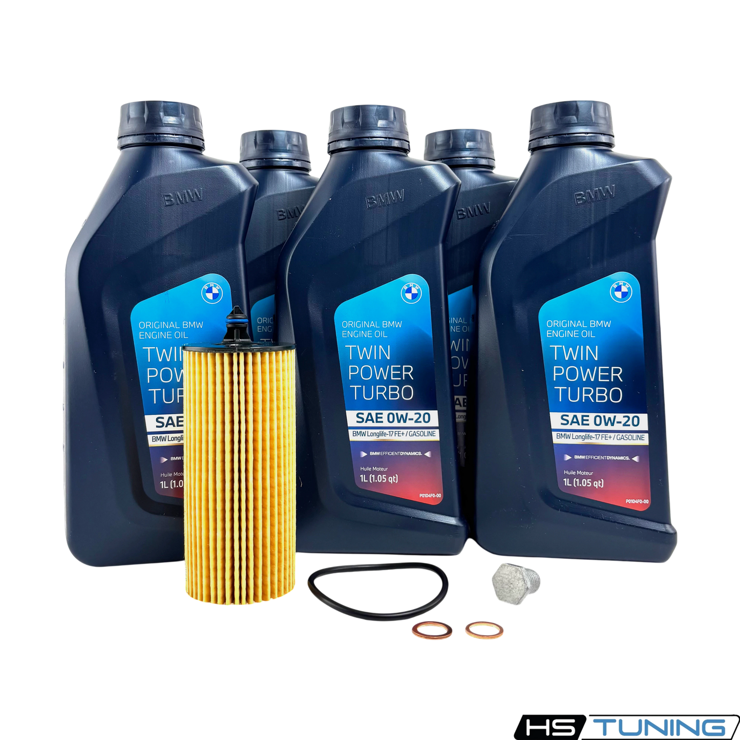 HS Tuning Genuine BMW 0W-20 oil change kit for B46 and B48 engines including oil bottles, filter, and drain hardware.