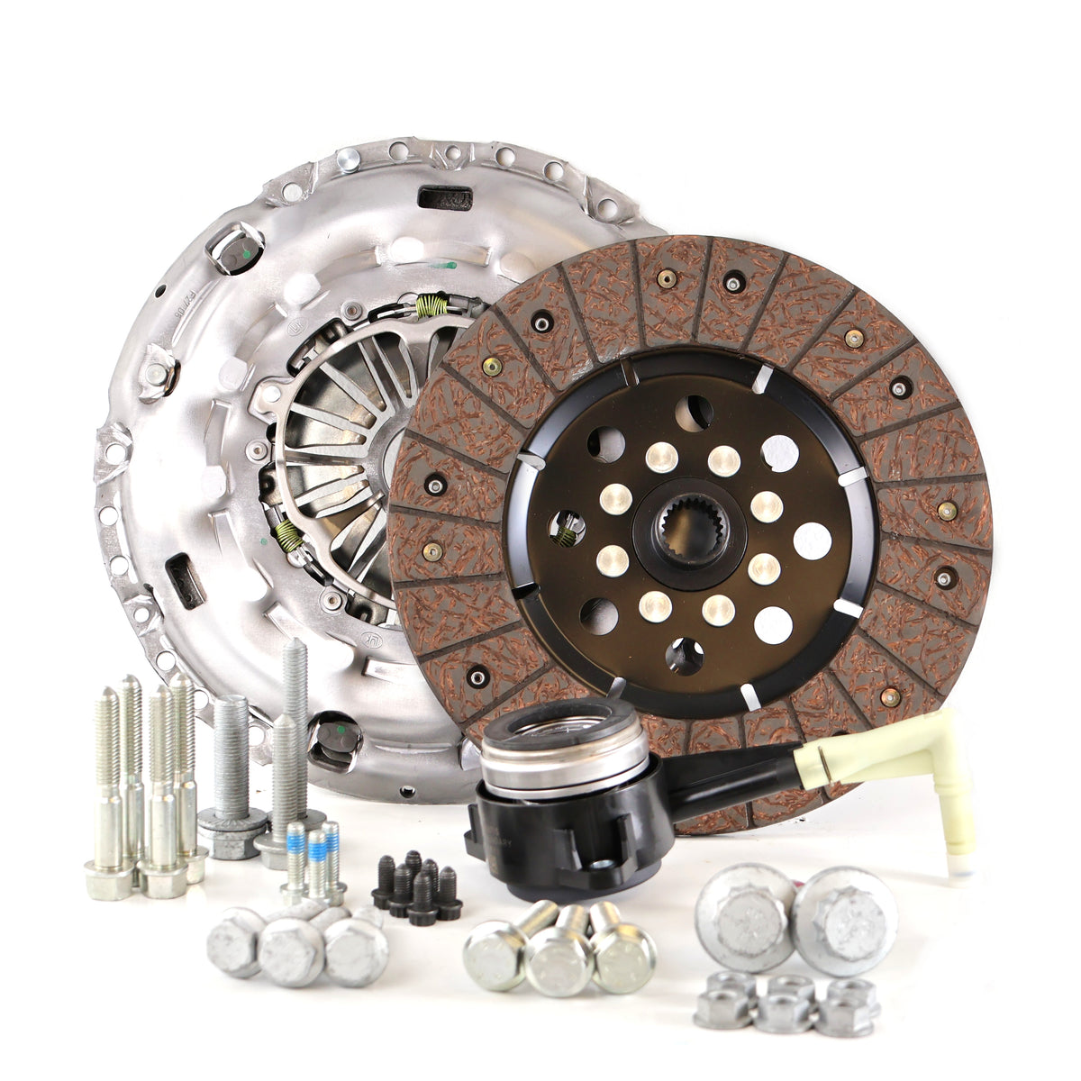 HS Tuning RSR SC clutch kit for VW MK7 GTI/GLI including pressure plate, clutch disc, throwout bearing, and bolts.