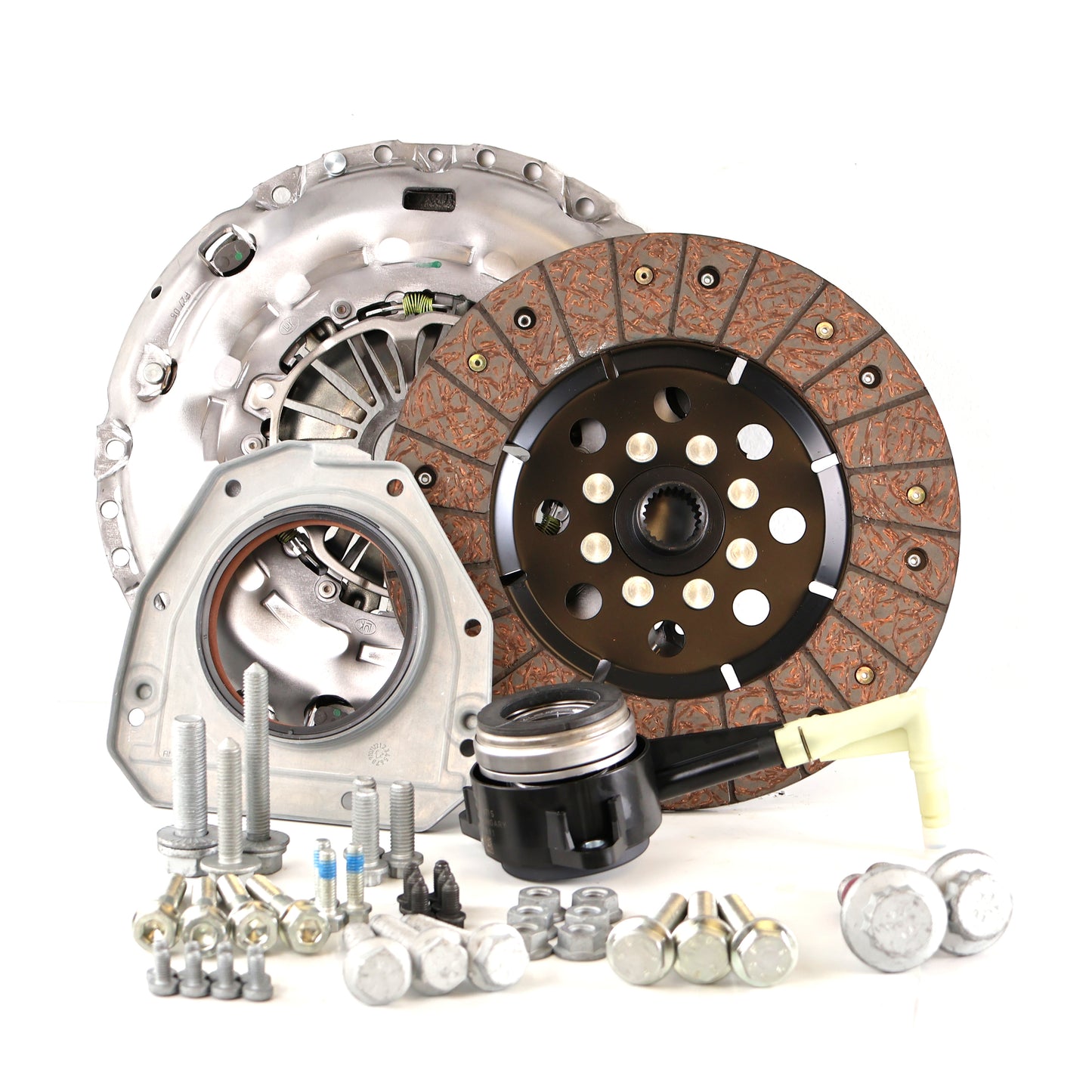 HS Tuning RSR SC clutch kit for Golf R MK7 including pressure plate, clutch disc, throwout bearing, and hardware.