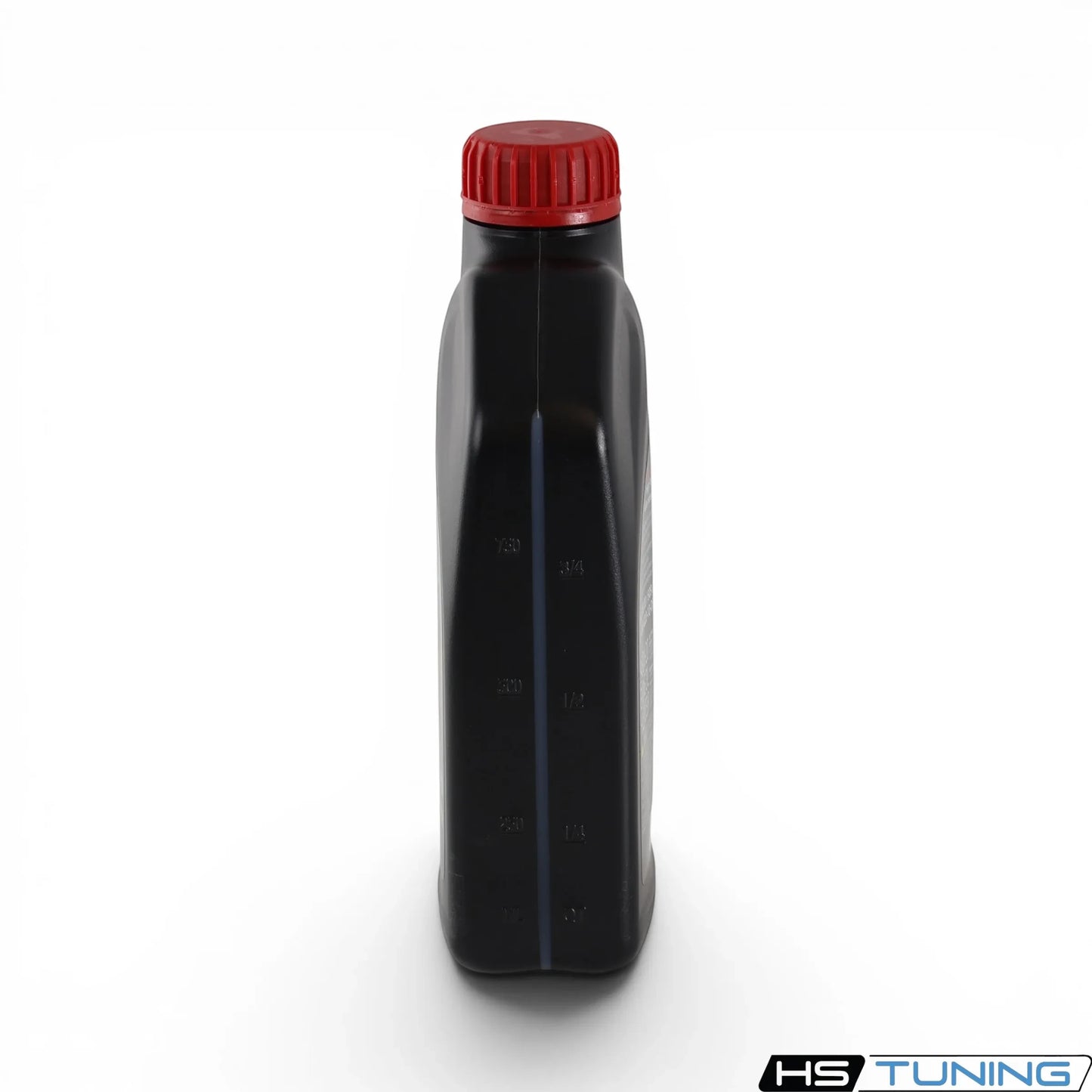 HS Tuning Genuine VW/Audi 0W-20 engine oil in a black plastic bottle with a red cap, side view.