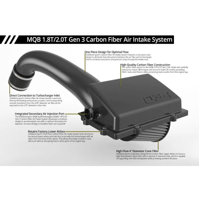 X34 Carbon Fiber MQB Open-Top Cold Air Intake System, 8V Audi A3/S3/TT/TTS, MkVII VW Golf/GTI/R & MkVII VW GLI, 1.8T/2.0T Gen 3