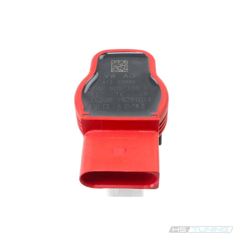 Genuine VW/Audi 06E-905-115-G individual ignition coil with red housing; original source photo 1