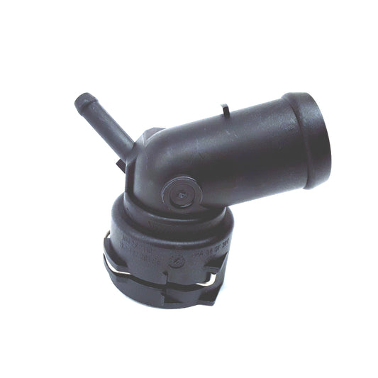 1K0-122-291-BE Genuine VW/Audi upper radiator coolant hose connector with retaining clip, part identification, original product photo 1