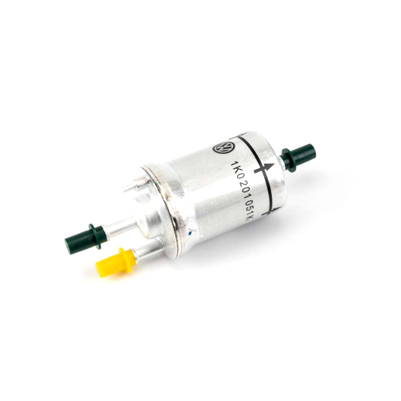 Genuine VW/Audi 1K0-201-051-K fuel filter showing metal canister, printed part number and capped hose connections; repeated source photo 3