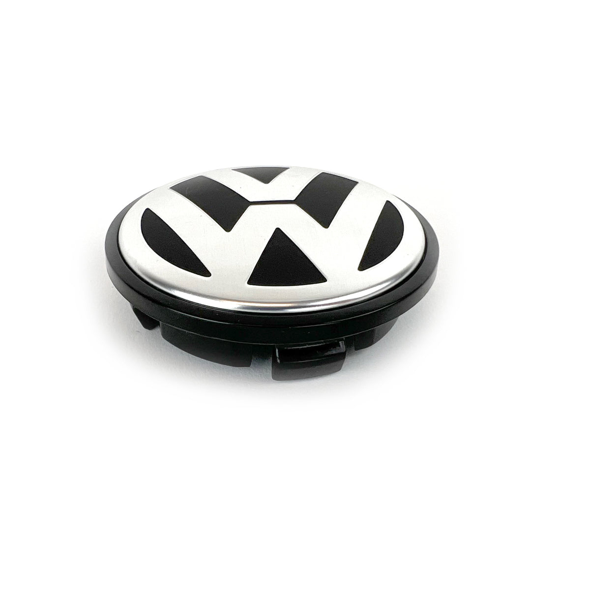 Genuine VW/Audi 3B7-601-171-XRW wheel center cap front view showing bright Volkswagen emblem on black background; repeated source photo 3