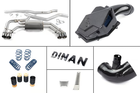 Collage of automotive parts including exhaust pipes, a black component, springs, and a DINAN logo.