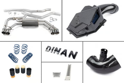 Collage of automotive parts including exhaust pipes, a black component, springs, and a DINAN logo.