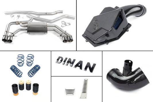 Collage of automotive parts including exhaust pipes, a black component, springs, and a DINAN logo.