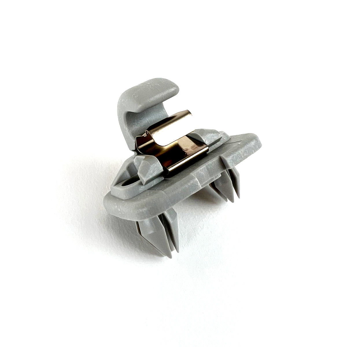 Genuine VW/Audi 8W0-857-562-A-1YE silver sun visor retaining clip showing molded holder, metal retaining element and mounting features; repeated source photo 6