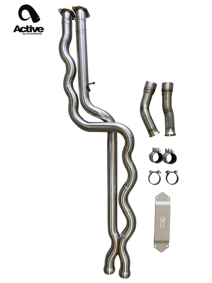 F8X BMW M3 & M4 Equal Length Mid Pipe (US Patent 11248511, UK and EU patent 3882441) includes Active F-brace and $90 fixed price shipping in lower 48 states