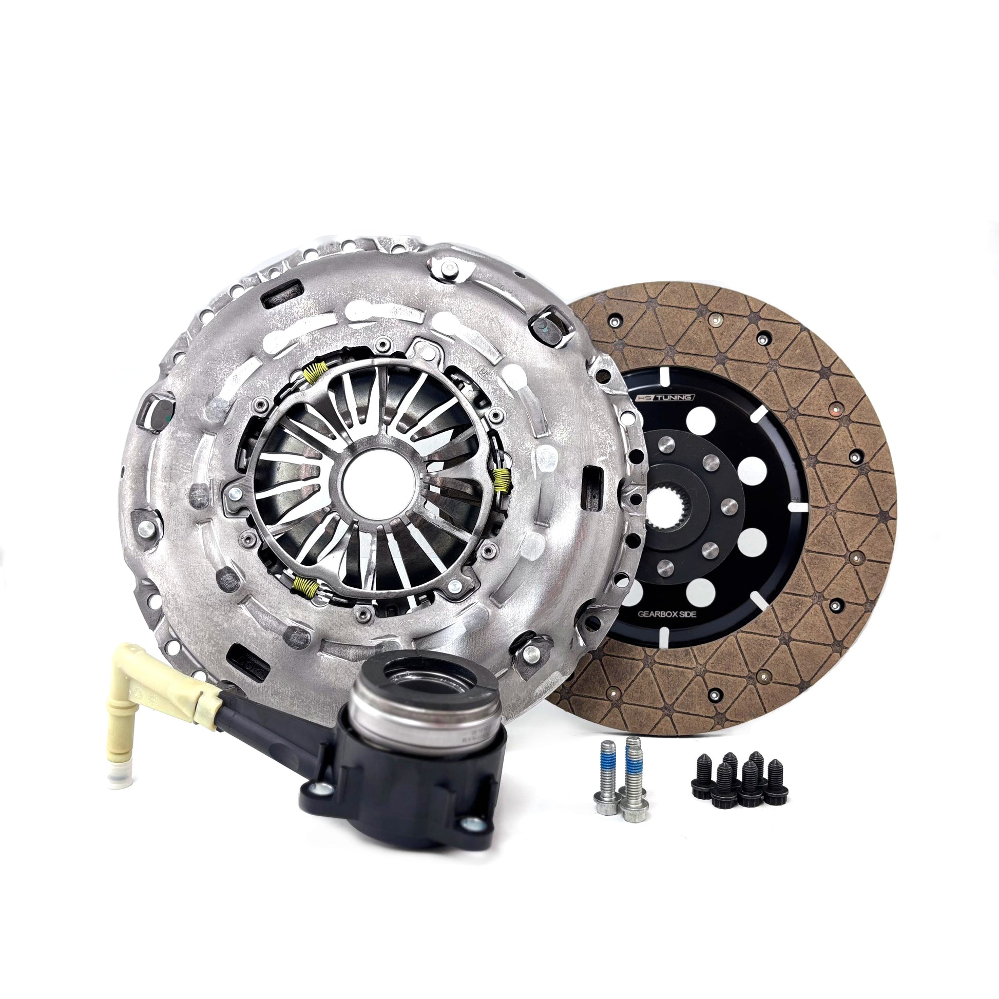 HS Tuning RSR Hybrid clutch kit featuring a pressure plate, clutch disc, throwout bearing, and mounting hardware.