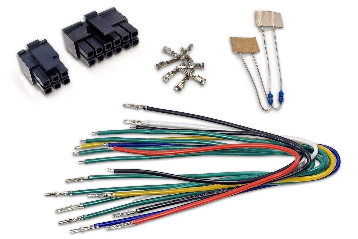 Wiring harness kit with connectors and colored wires on a white background