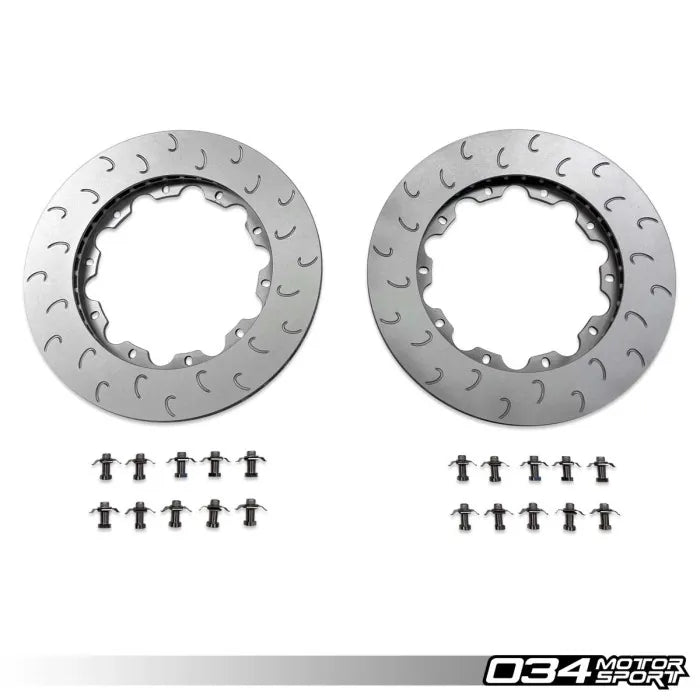 Two metallic brake rotors with small icons and '034 Motor Sport' branding on a white background.