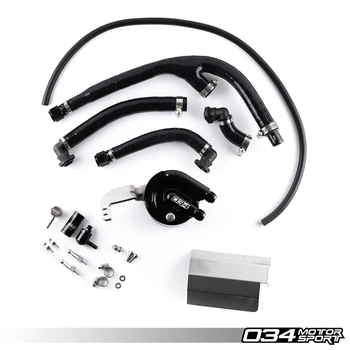 HS Tuning 034Motorsport catch can kit for Audi SQ5 featuring a black billet aluminum catch can and silicone hoses.