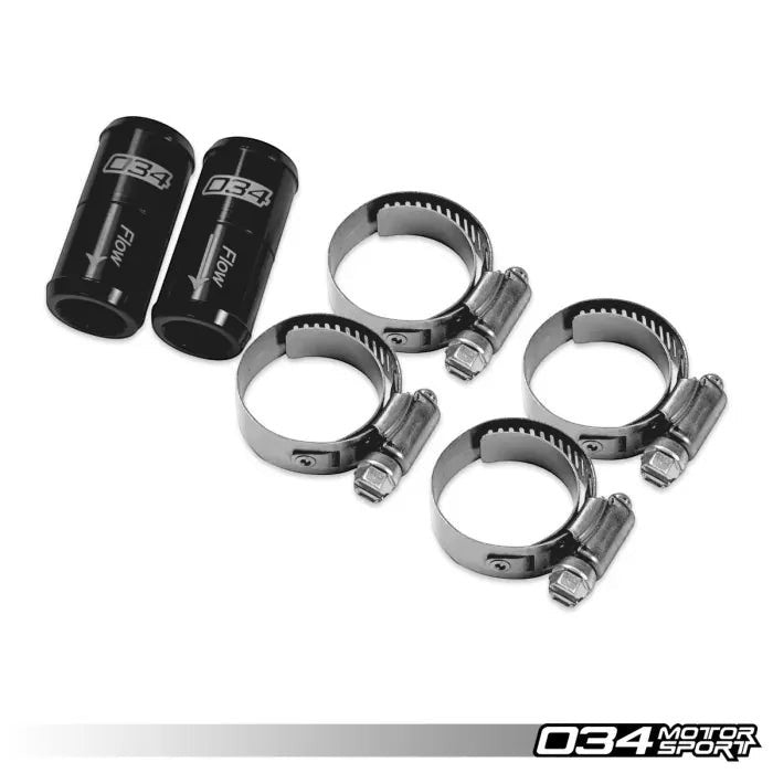 HS Tuning 034Motorsport black billet aluminum PCV check valves and stainless steel hose clamps for EA839 engines