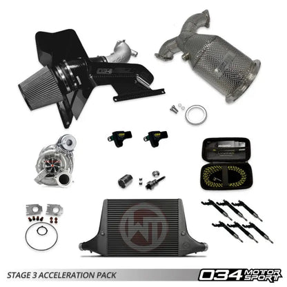 HS Tuning 034Motorsport Stage 3 acceleration package for Audi S4 and S5 including turbocharger, intercooler, and intake