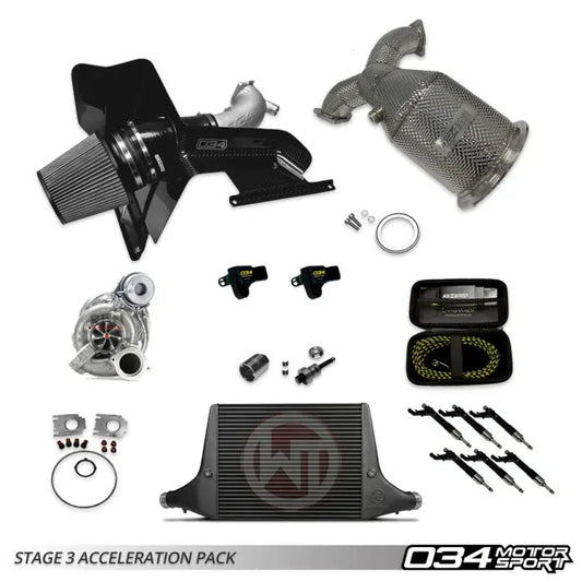 HS Tuning 034Motorsport Stage 3 acceleration package for Audi S4 and S5 including turbocharger, intercooler, and intake