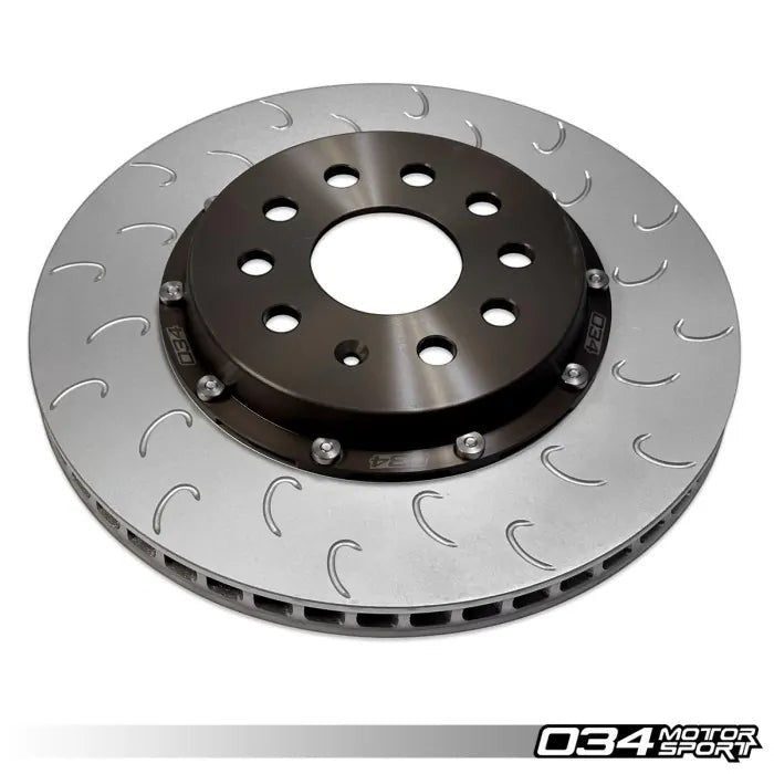 HS Tuning 034Motorsport 2-piece floating rear brake rotor with J-slot design and black aluminum hat for VW and Audi