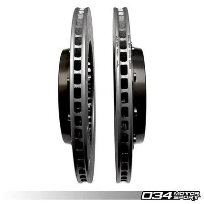 HS Tuning 034Motorsport 2-piece floating rear brake rotors for MQB VW and Audi, showing side profile and cooling vanes.