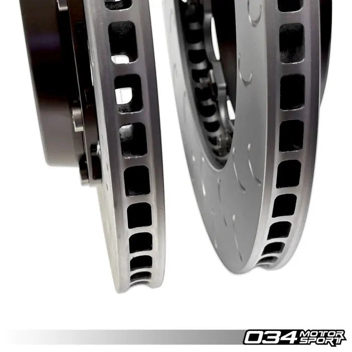 HS Tuning 034Motorsport 2-piece floating rear brake rotors with J-slot design and curved cooling vanes for VW and Audi