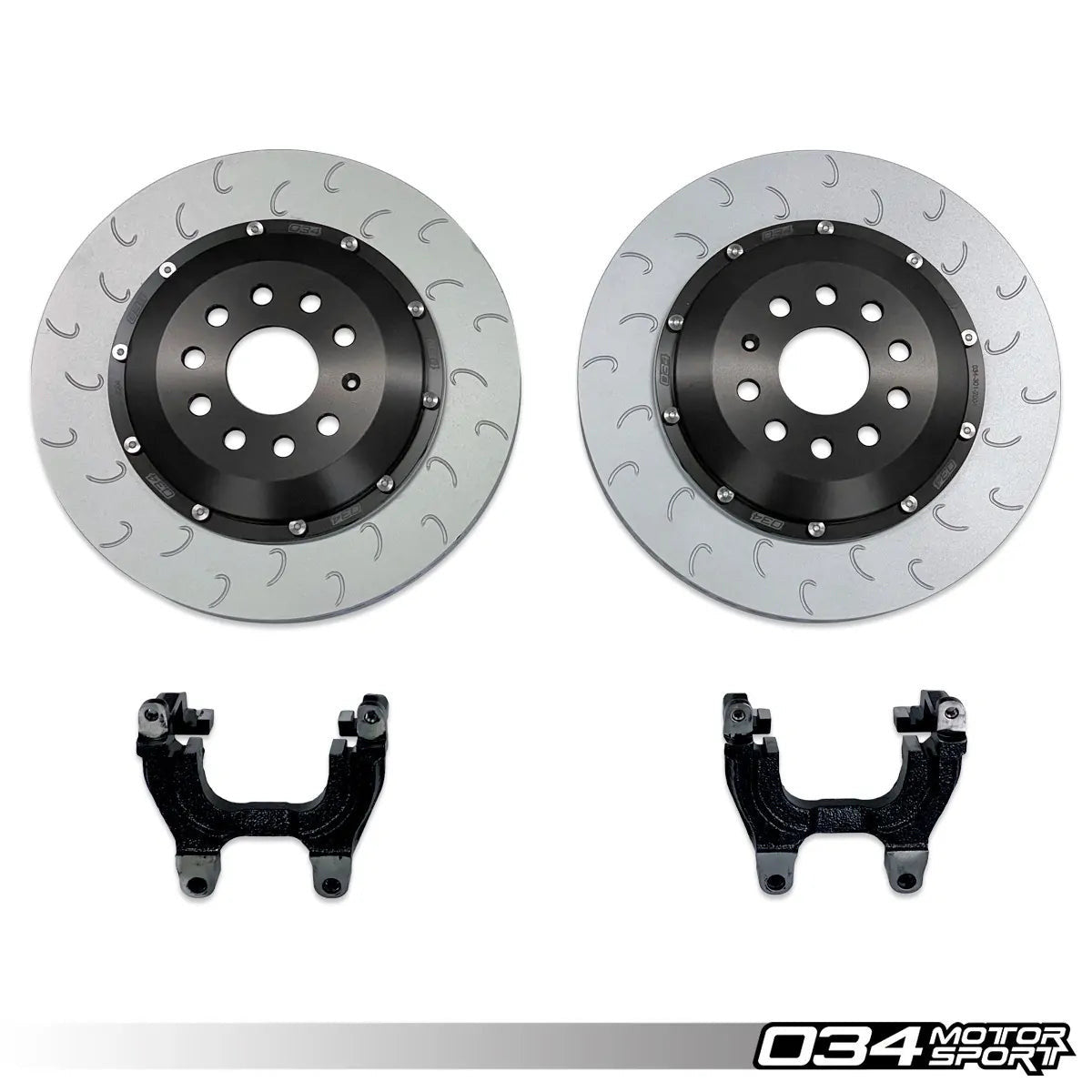HS Tuning 034Motorsport 2-piece floating rear brake rotors with J-slot design and caliper carrier brackets for MQB vehicles.