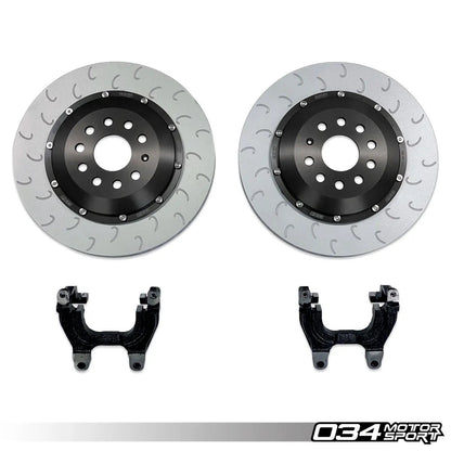 HS Tuning 034Motorsport 2-piece floating rear brake rotors with J-slot design and caliper carrier brackets for MQB vehicles.