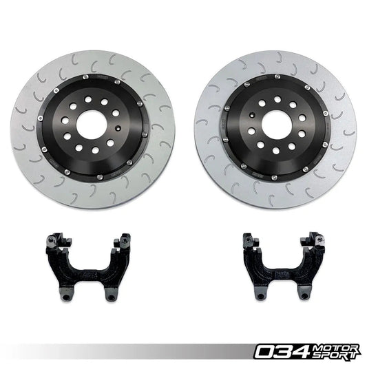 HS Tuning 034Motorsport 2-piece floating rear brake rotors with J-slot design and caliper carrier brackets for MQB vehicles.
