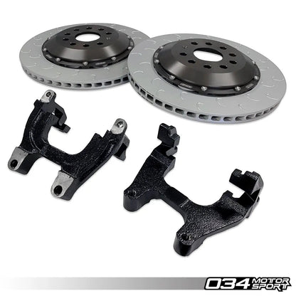 HS Tuning 034Motorsport 2-piece floating rear brake rotors with J-slot design and caliper carrier brackets for MQB cars