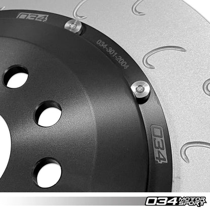 HS Tuning 034Motorsport 2-piece floating rear brake rotor with black aluminum hat and J-slot disc for MQB VW and Audi
