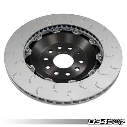 HS Tuning 034Motorsport 350mm 2-piece floating rear brake rotor with black aluminum hat and J-slot disc design.