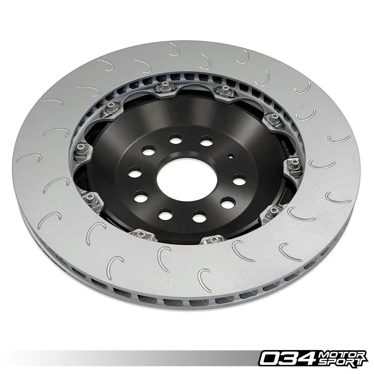 HS Tuning 034Motorsport 350mm 2-piece floating rear brake rotor with J-slot design and black aluminum hat