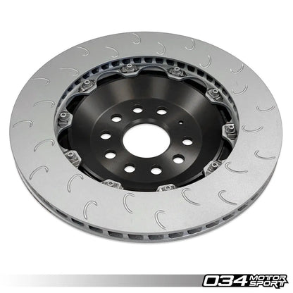 HS Tuning 034Motorsport 350mm 2-piece floating rear brake rotor with J-slot design and black aluminum hat