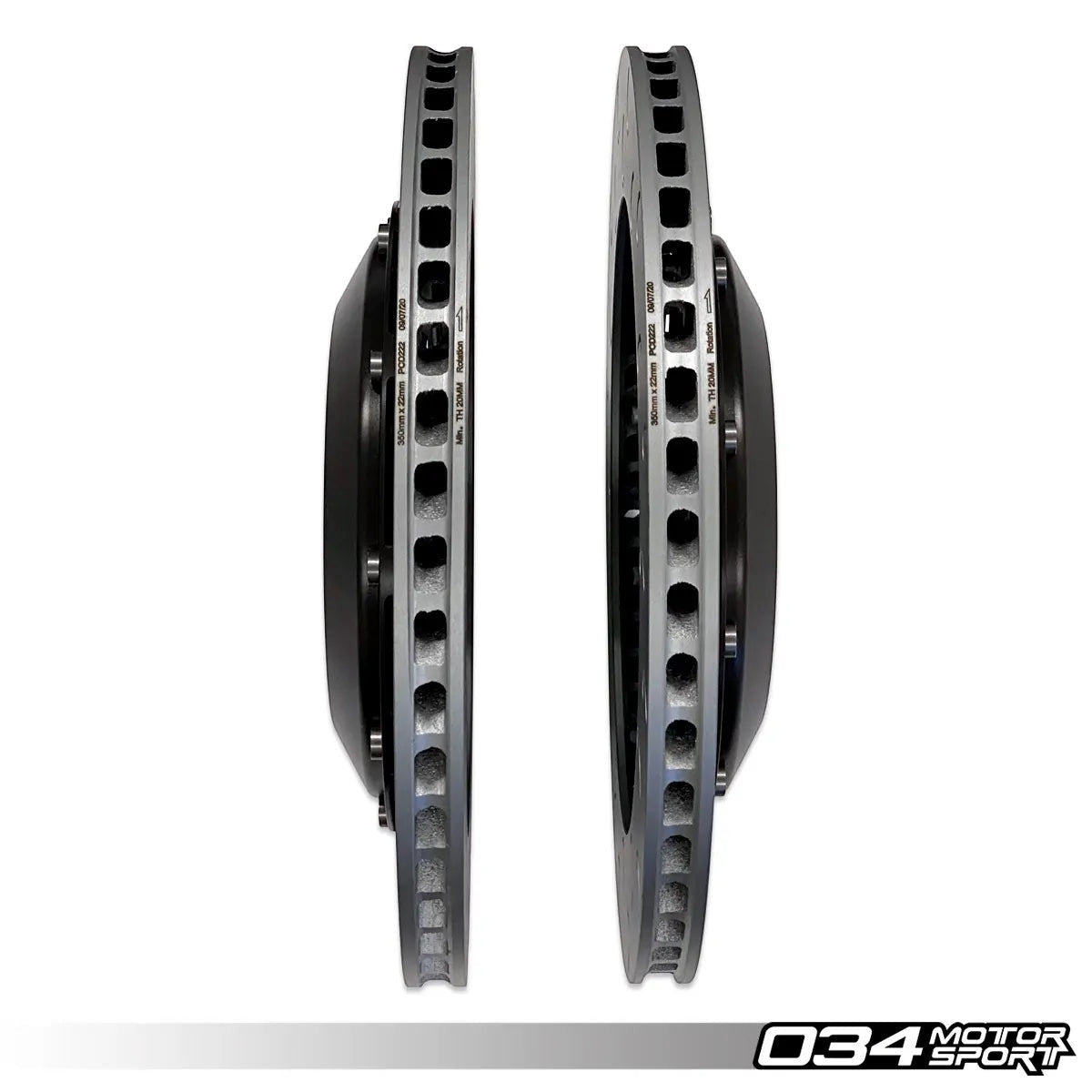 HS Tuning 034Motorsport 2-piece floating rear brake rotors for MQB VW and Audi, featuring J-slot design.