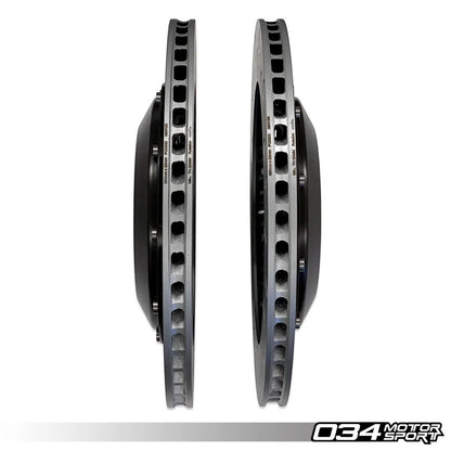 HS Tuning 034Motorsport 2-piece floating rear brake rotors for MQB VW and Audi, featuring J-slot design.