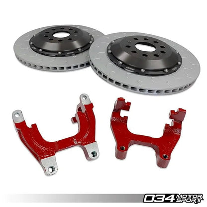 HS Tuning 034Motorsport 2-piece floating rear brake rotors with J-slot design and red caliper carrier brackets for MQB VW.