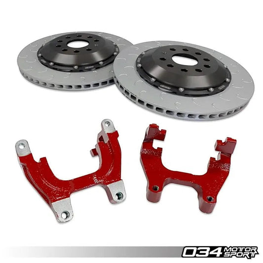 HS Tuning 034Motorsport 2-piece floating rear brake rotors with J-slot design and red caliper carrier brackets for MQB VW.