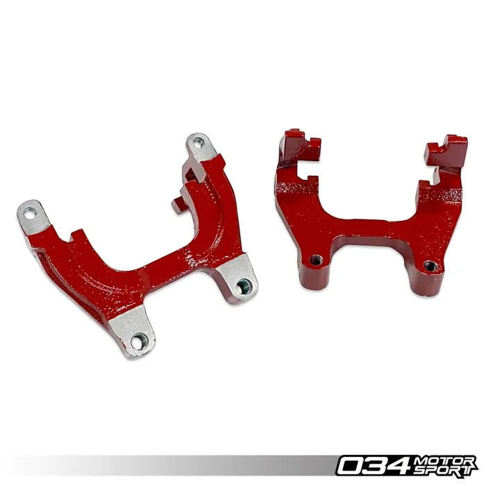 HS Tuning red caliper carrier conversion brackets for 034Motorsport 2-piece floating rear brake rotor upgrade kit