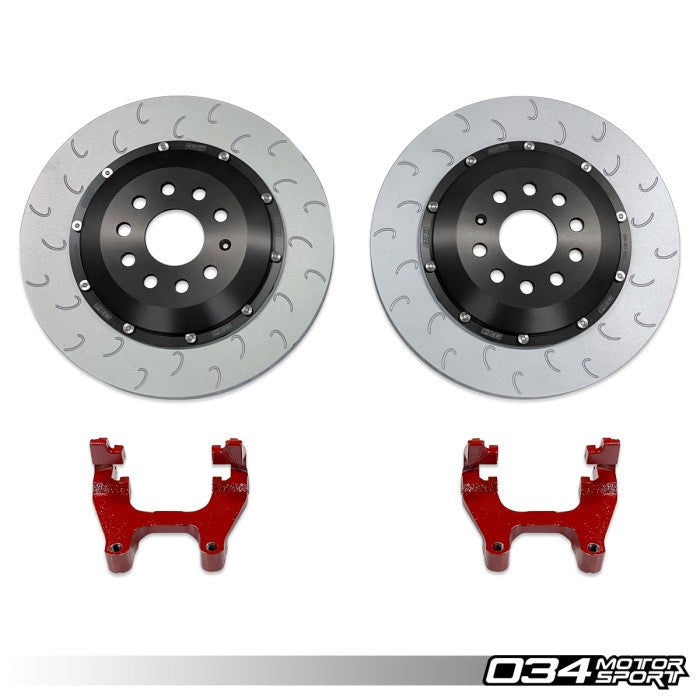 HS Tuning 034Motorsport 2-piece floating rear brake rotors with J-slot design and red caliper carrier brackets