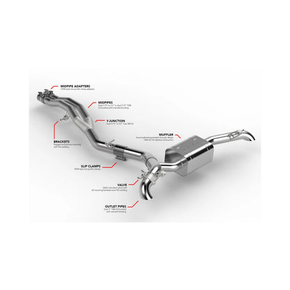 HS Tuning APR rear catback exhaust system for Audi B9 SQ5 featuring T304 stainless steel piping and integrated valves.