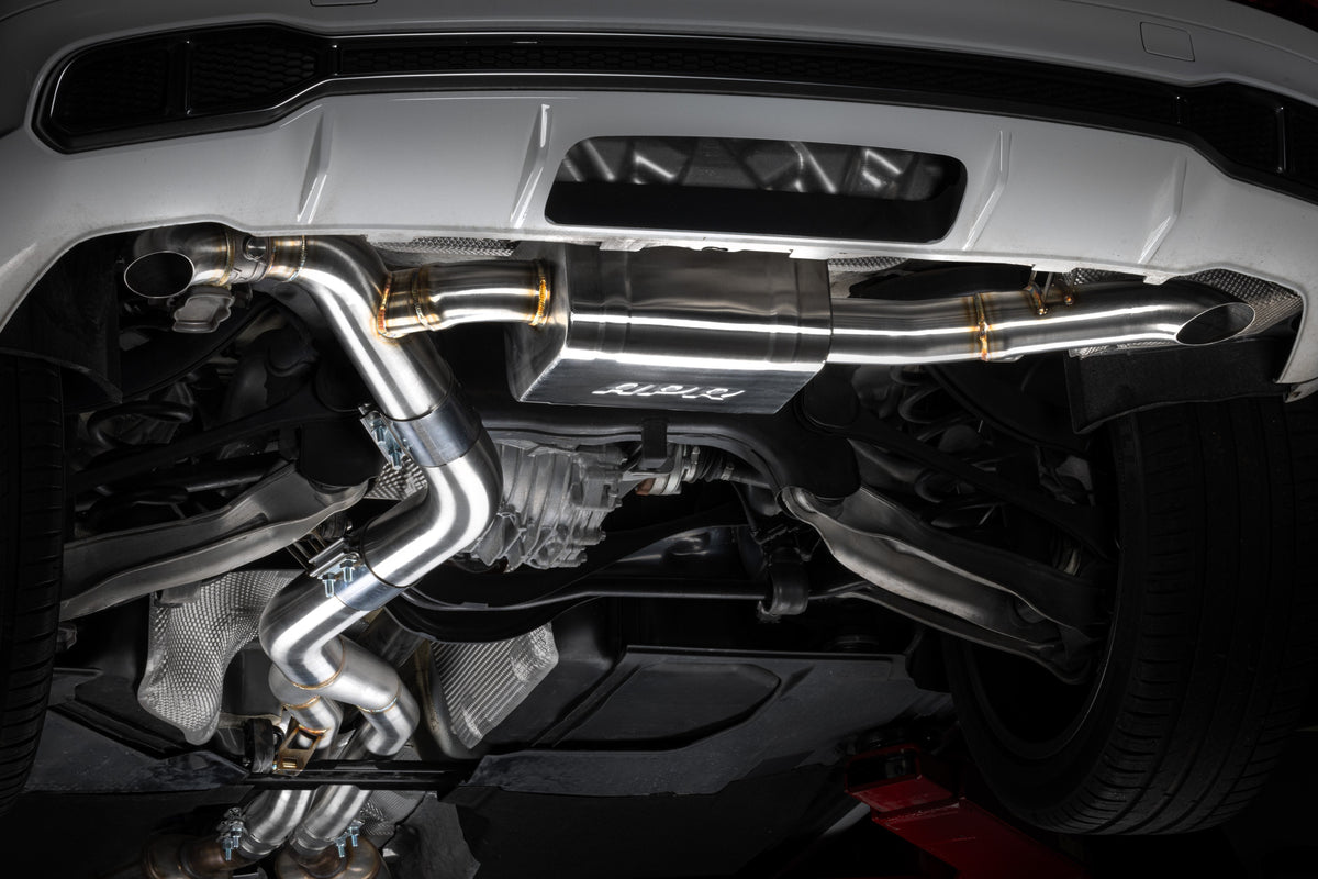 HS Tuning APR stainless steel rear catback exhaust system installed under an Audi B9 SQ5 with TIG welded piping