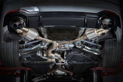 Close-up view of a car's exhaust system under the vehicle. hs tuning apr rs4 and rs5 b9 exhaust