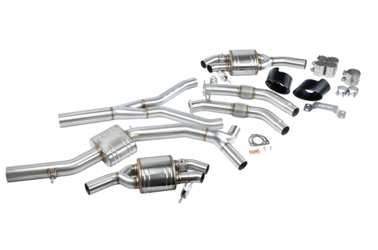 HS Tuning APR catback exhaust system for Audi B9 RS4 and RS5 featuring stainless steel piping and black oval tips.