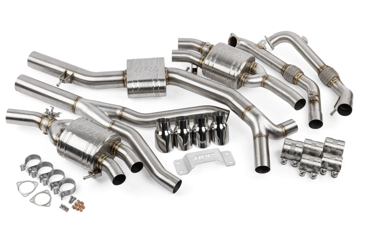 HS Tuning APR catback exhaust system for Audi B9 S4 and S5 featuring stainless steel piping, mufflers, and quad tips.