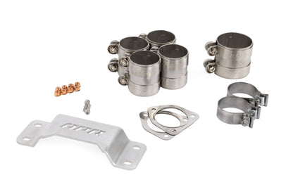 HS Tuning APR catback exhaust system installation hardware kit including tunnel brace, stainless steel clamps, and nuts.