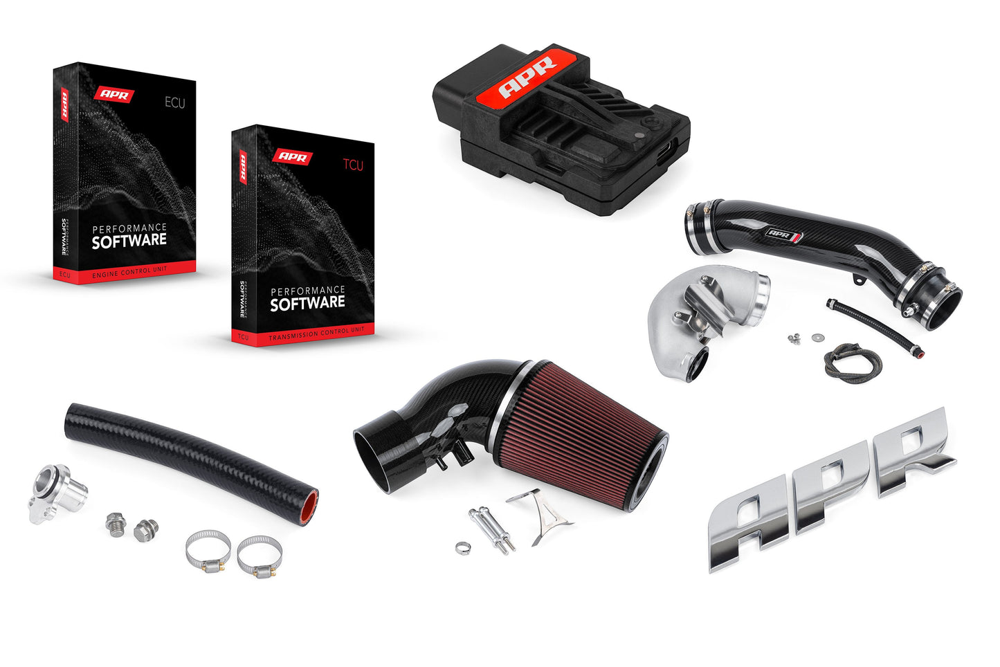 HS Tuning APR Power Pack for 2.5T EA888.2 including ECU and TCU software, carbon fiber intake, and APR badge.
