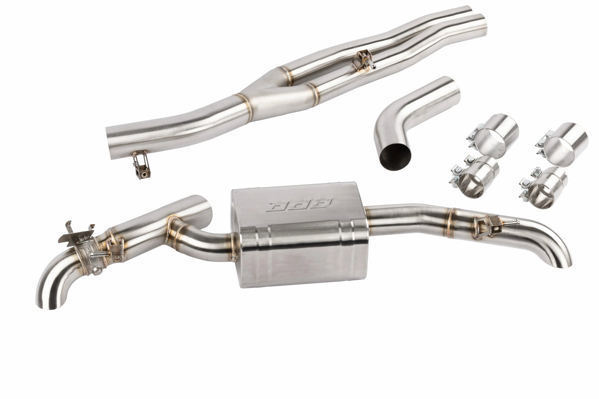 HS Tuning APR stainless steel rear catback exhaust system for Audi B9 SQ5 with muffler, piping, and mounting hardware