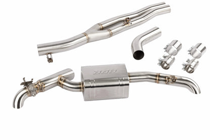 HS Tuning APR stainless steel rear catback exhaust system for Audi B9 SQ5 with muffler, piping, and mounting hardware