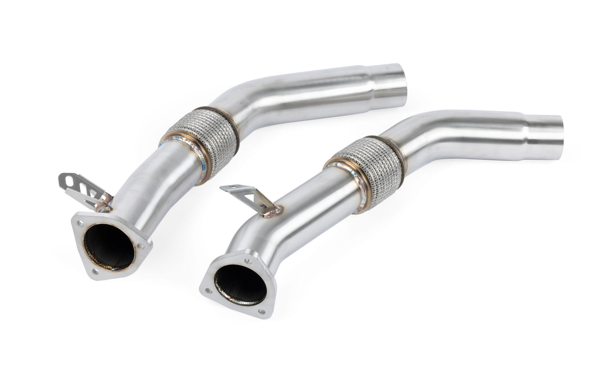 HS Tuning APR stainless steel downpipes for Audi B9 RS4 and RS5 featuring TIG welded joints and flexible sections.