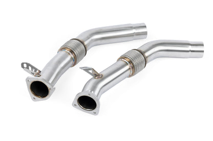 HS Tuning APR stainless steel downpipes for Audi B9 RS4 and RS5 featuring TIG welded joints and flexible sections.